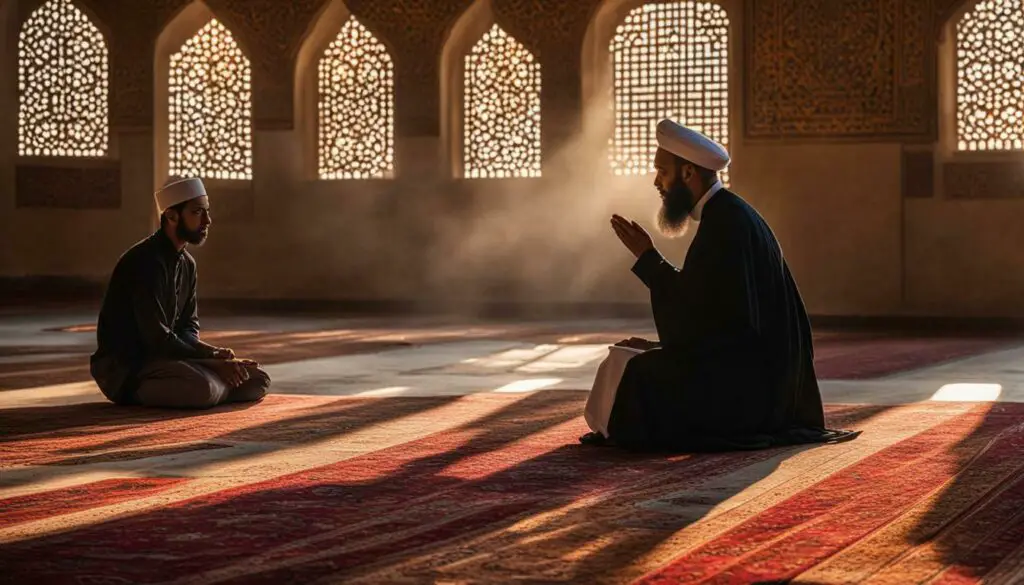 Islamic scholar guiding a student in a mosque