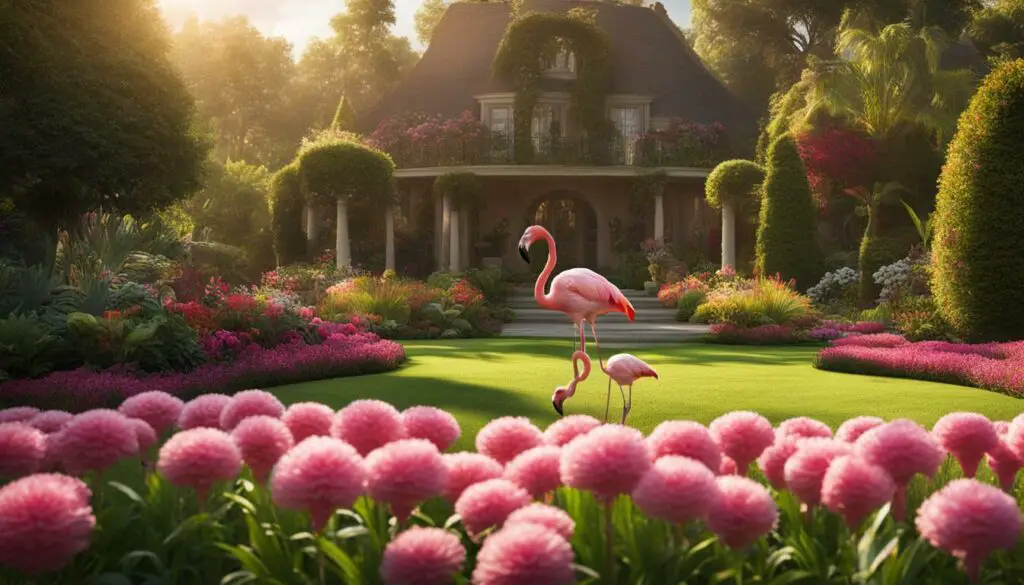 interpretation of a pink flamingo in a residential yard