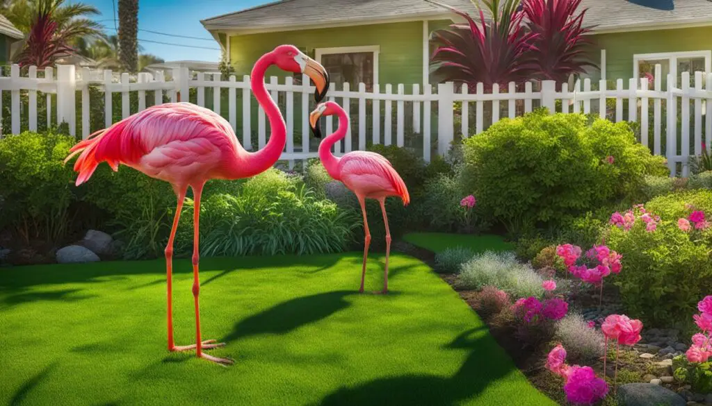 pink flamingos in a yard